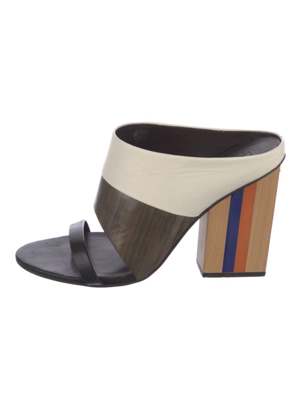 Tory Burch Cream, Brown & Black Striped Block Heel Mule